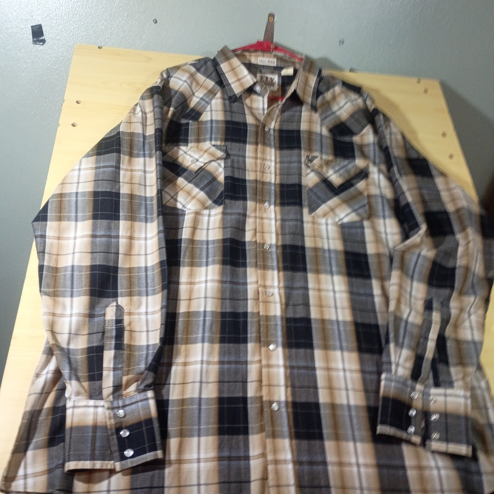 Ely Cattleman Western Shirt Men XLT Black Tan Plaid Pearl Snap Tall Long Sleeve